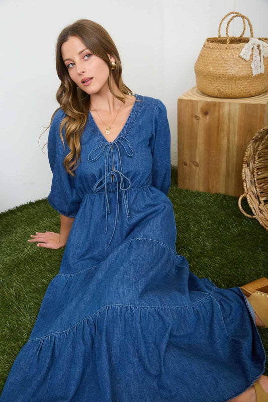 FRONT TIE 3/4 SLEEVE TIERED DENIM MIDI DRESS