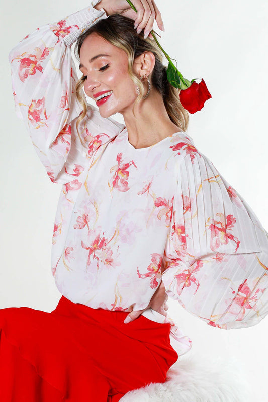 Pleated Lantern Sleeve Floral Printed Woven Blouse