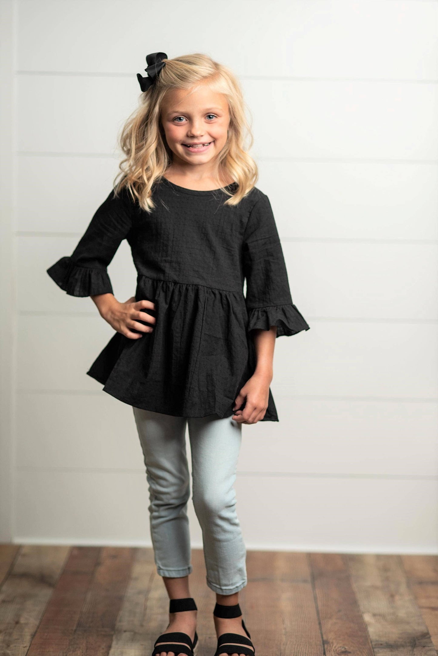 Girls Black Ruffle Long Sleeve Top