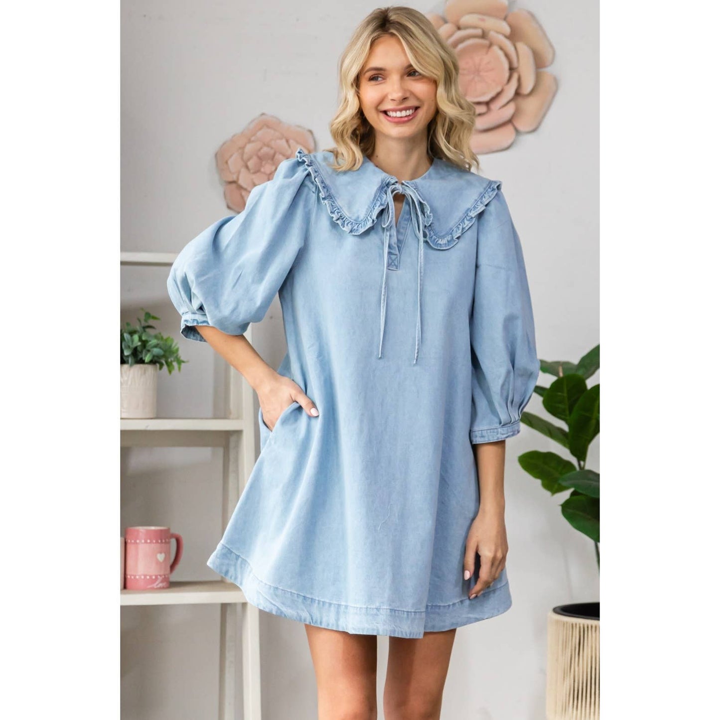 Ruffle V-Neck Denim Mini Dress with Tie Collar