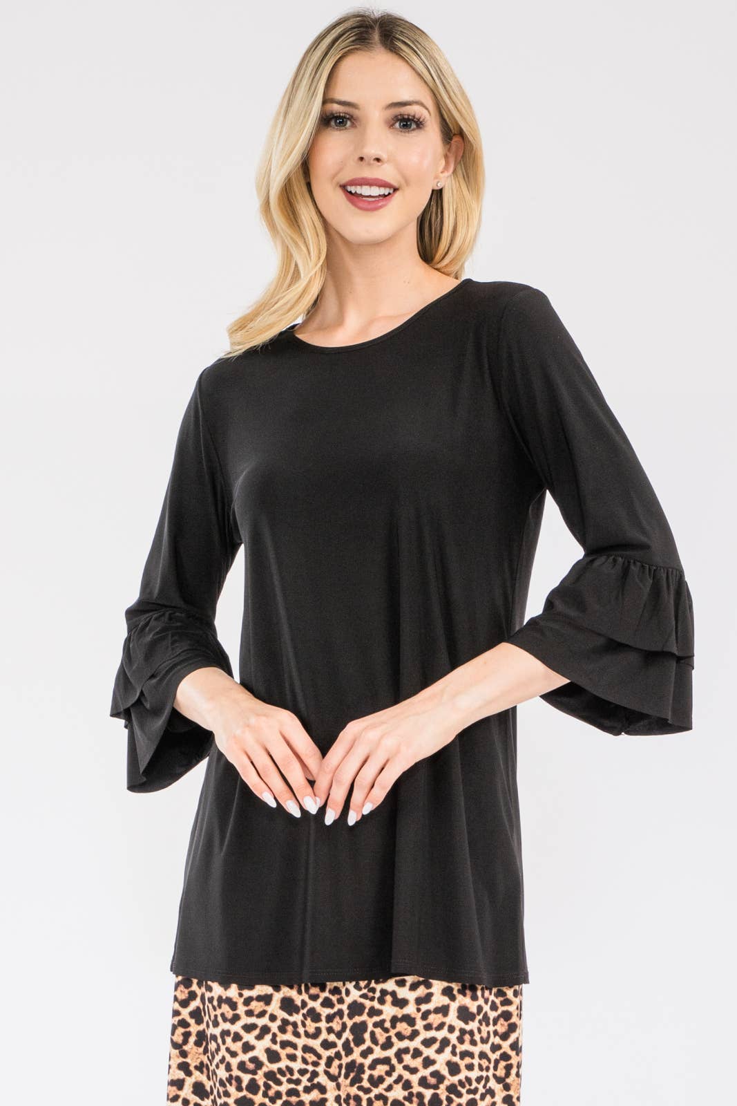 Elegant Layered Ruffle 3/4 Bell Sleeve Modest Dressy Blouse
