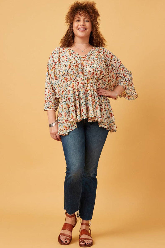 Floral Chiffon V Neck Gathered Detail Top (Curvy)