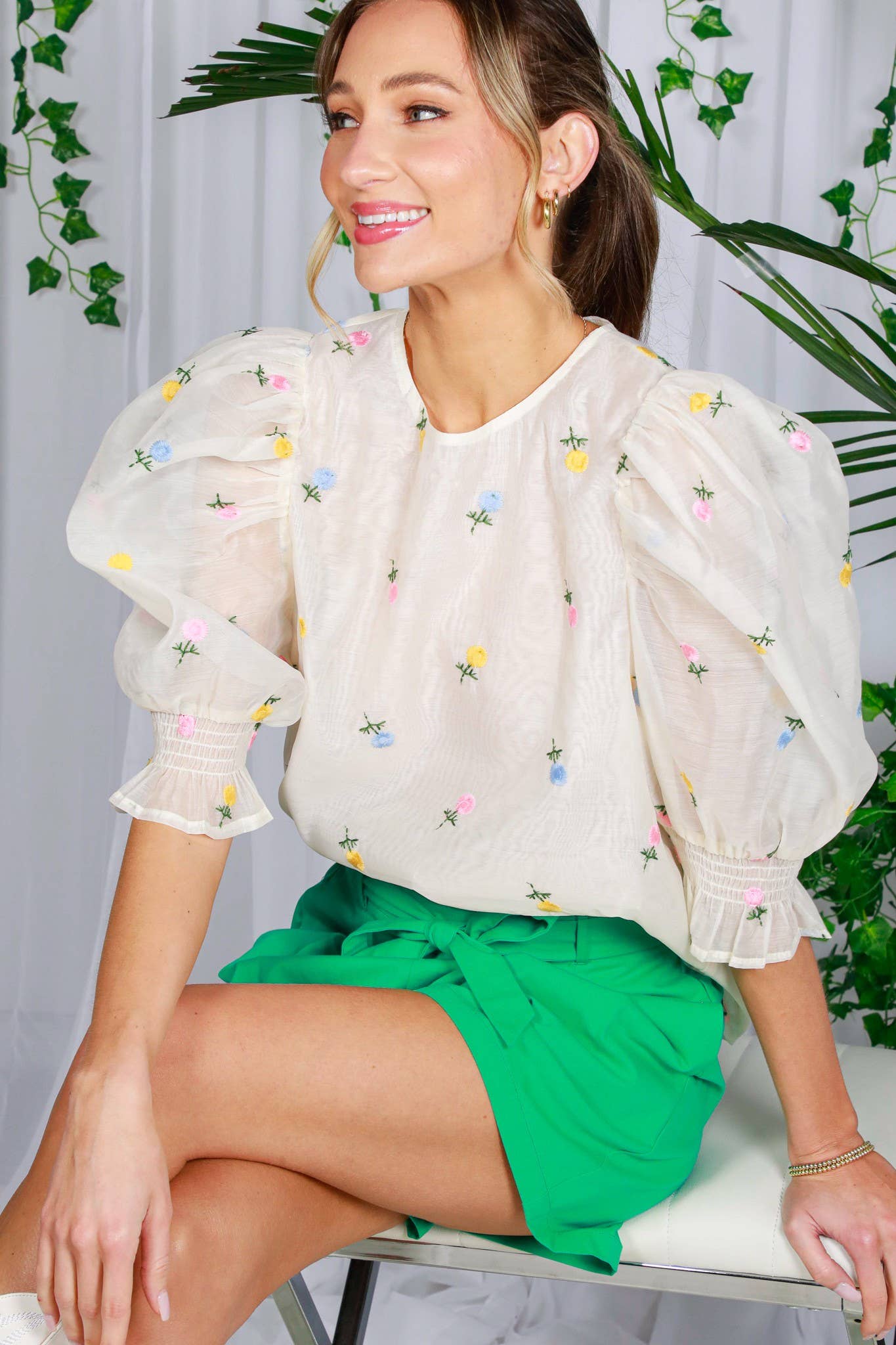 Chic Sheer Organza Blouse with Ditsy Floral Embroidery & Puffy Balloon Sleeves