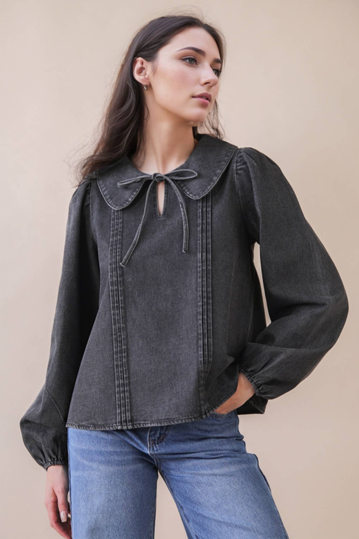 Mineral Washed Chambray Denim Blouse Top
