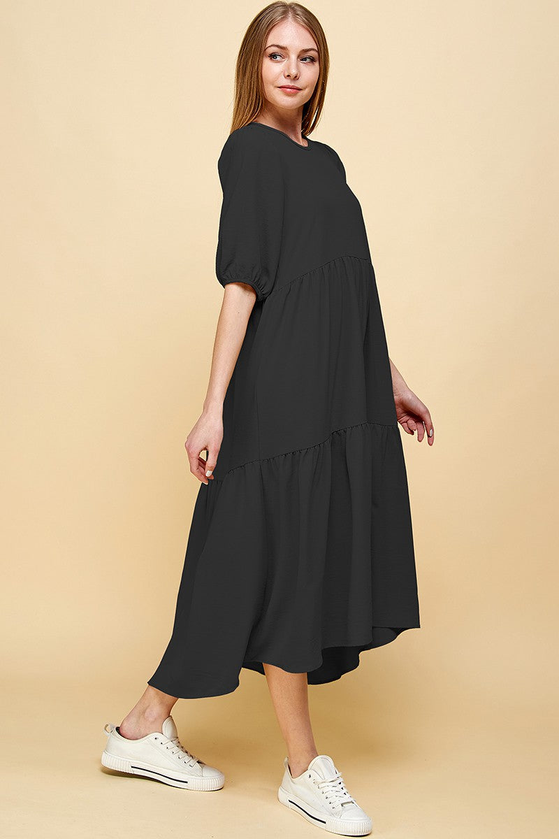 Plus Size Tiered Maxi Dress: 3/4 Sleeve, Air Flow Woven