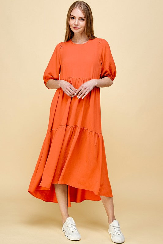 Plus Size Tiered Maxi Dress: 3/4 Sleeve, Air Flow Woven