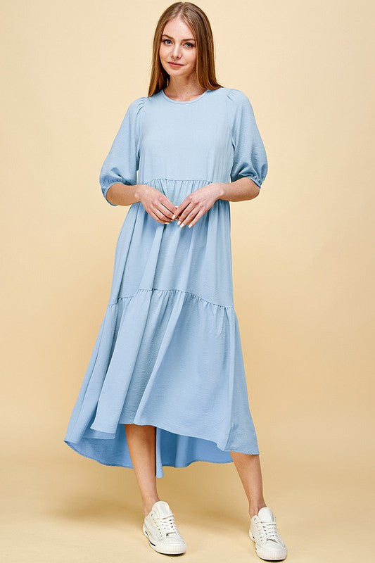 Plus Size Tiered Maxi Dress: 3/4 Sleeve, Air Flow Woven