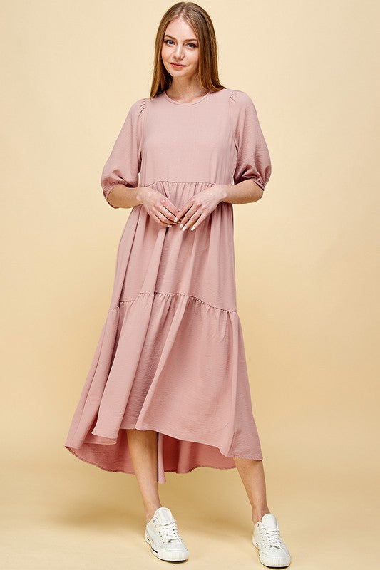 Plus Size Tiered Maxi Dress: 3/4 Sleeve, Air Flow Woven