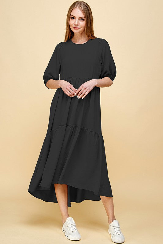 Plus Size Tiered Maxi Dress: 3/4 Sleeve, Air Flow Woven