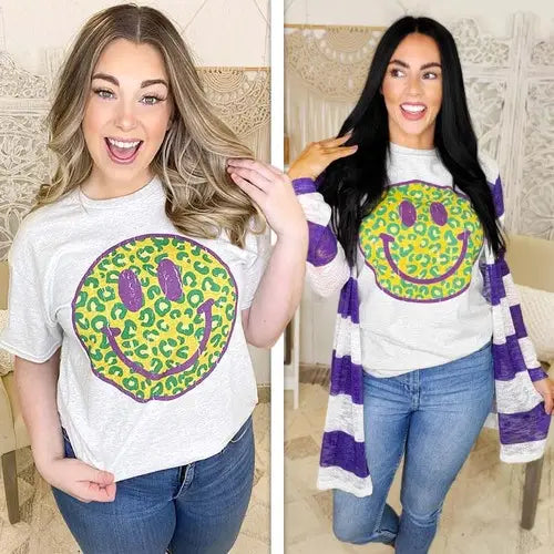Vibrant Mardi Gras Smiley Face T-Shirt | Purple Green Gold Leopard Print Carnival Tee