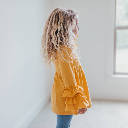 Girls' Ruffle Long Sleeve Shirt - Mustard & Blue Kids Fall/Winter Top