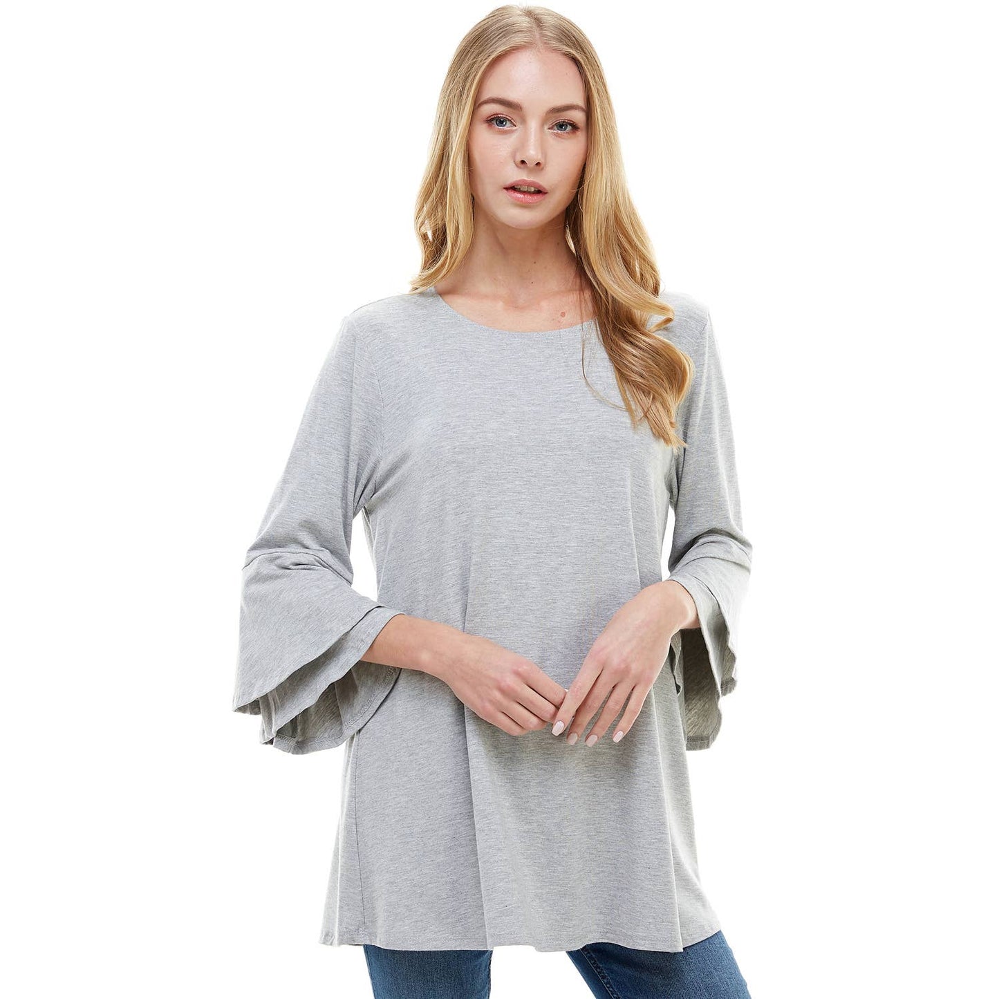 Elegant Double Layer Bell Sleeve Tunic Top - Flowy Rayon Spandex Knit