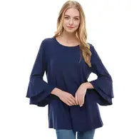 Elegant Double Layer Bell Sleeve Tunic Top - Flowy Rayon Spandex Knit