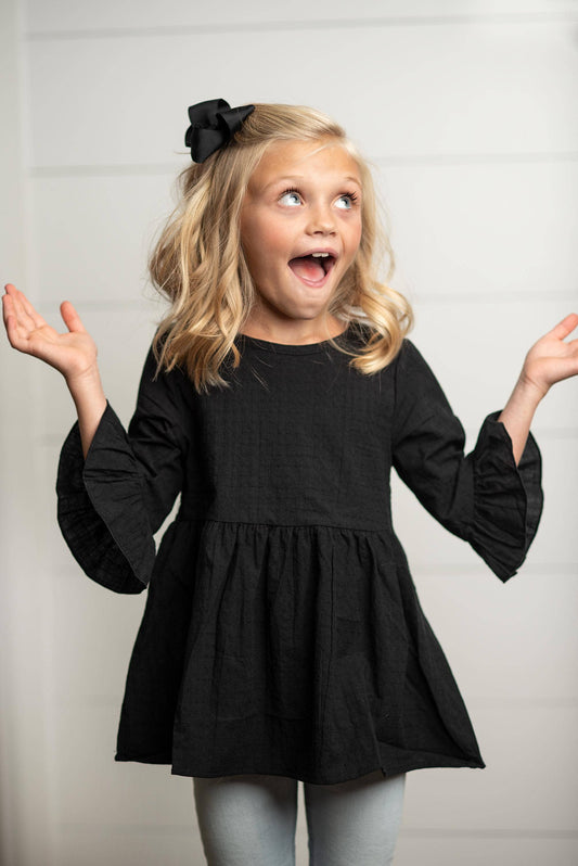 Girls Black Ruffle Long Sleeve Top