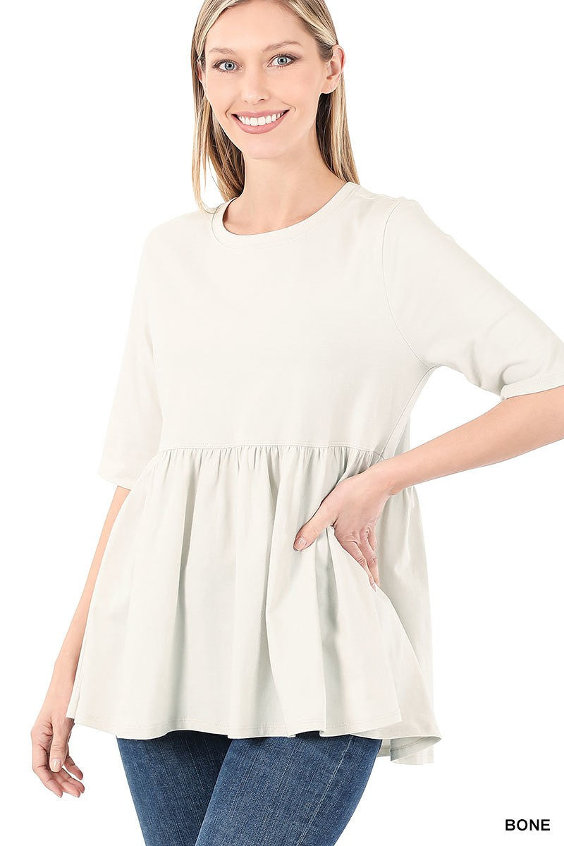 Women's Ash Mocha 3/4 Sleeve Peplum Tunic Top | Empire Waist Babydoll Knit