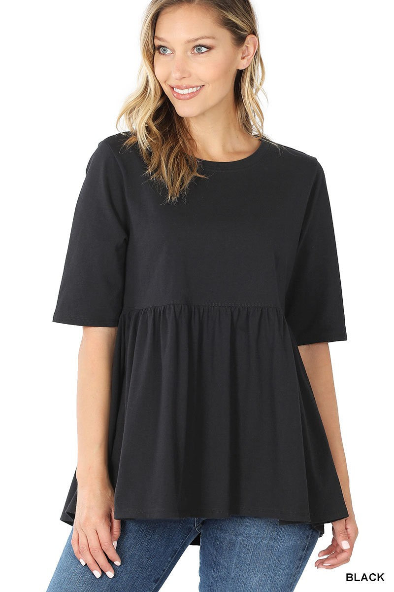 Women's Ash Mocha 3/4 Sleeve Peplum Tunic Top | Empire Waist Babydoll Knit