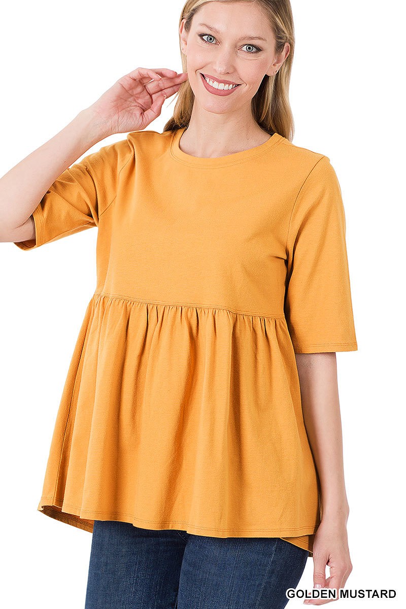 Women's Ash Mocha 3/4 Sleeve Peplum Tunic Top | Empire Waist Babydoll Knit
