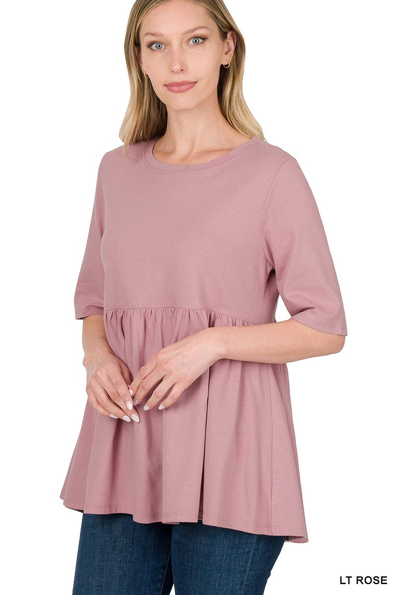 Women's Ash Mocha 3/4 Sleeve Peplum Tunic Top | Empire Waist Babydoll Knit