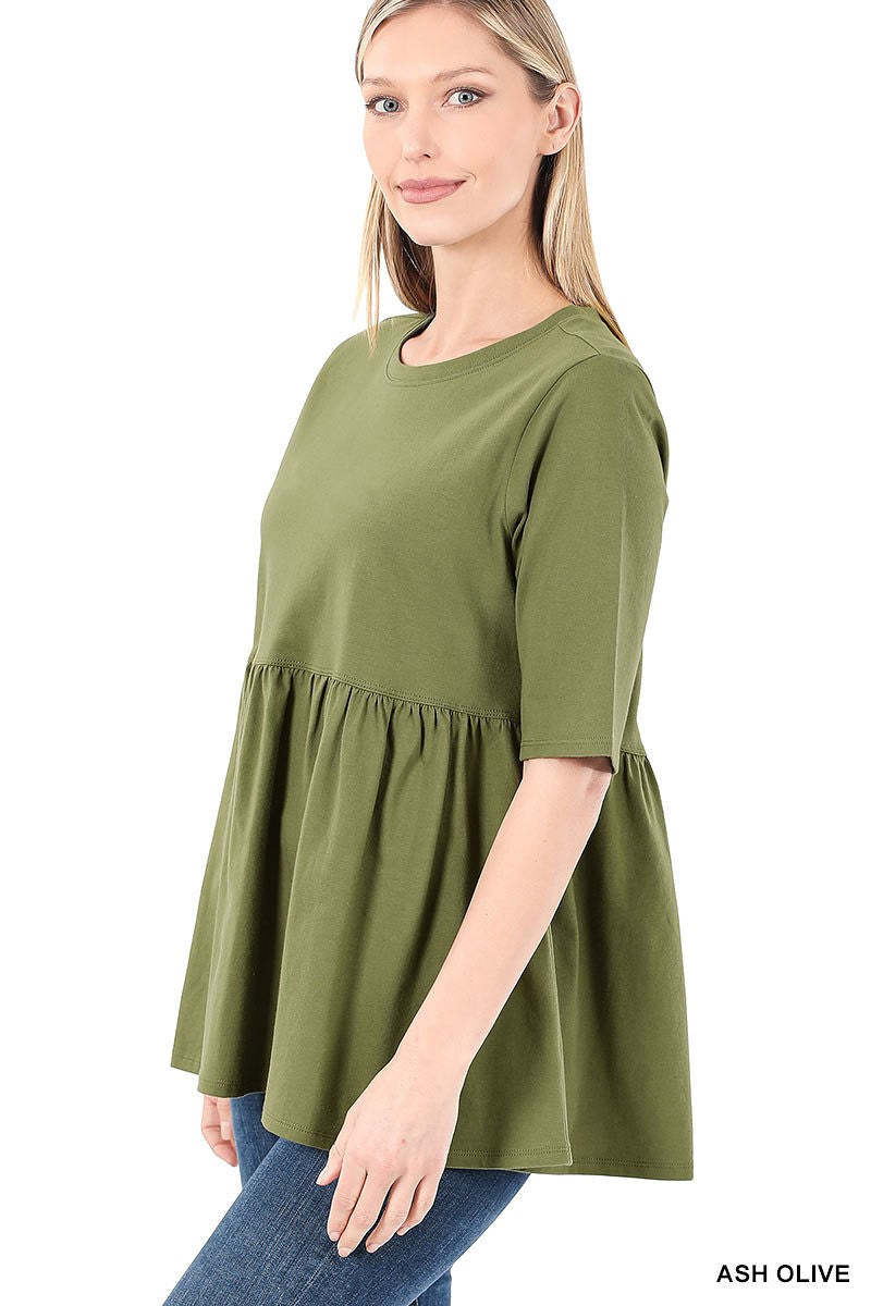 Women's Ash Mocha 3/4 Sleeve Peplum Tunic Top | Empire Waist Babydoll Knit