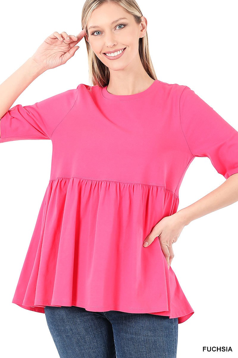 Women's Ash Mocha 3/4 Sleeve Peplum Tunic Top | Empire Waist Babydoll Knit