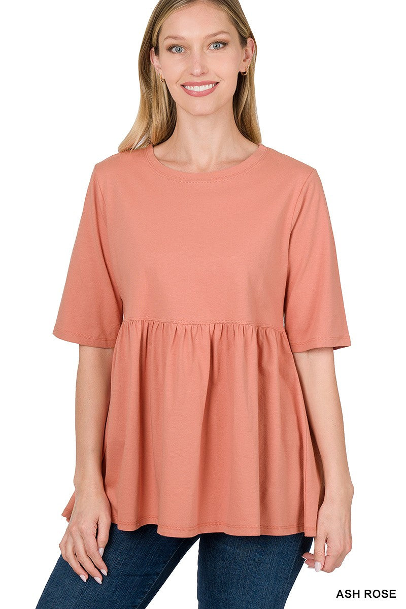 Women's Ash Mocha 3/4 Sleeve Peplum Tunic Top | Empire Waist Babydoll Knit