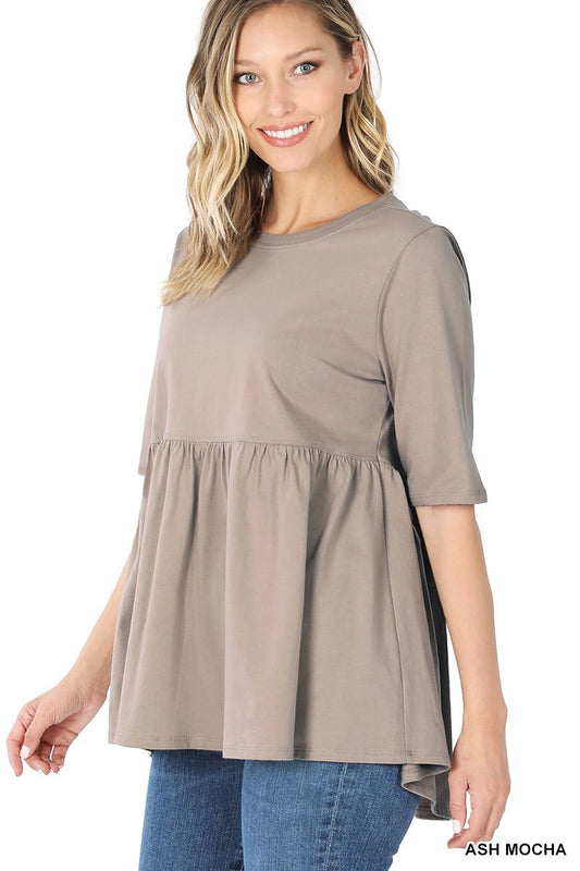 Women's Ash Mocha 3/4 Sleeve Peplum Tunic Top | Empire Waist Babydoll Knit