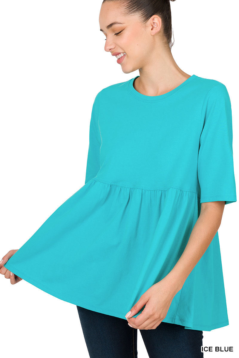 Women's Ash Mocha 3/4 Sleeve Peplum Tunic Top | Empire Waist Babydoll Knit
