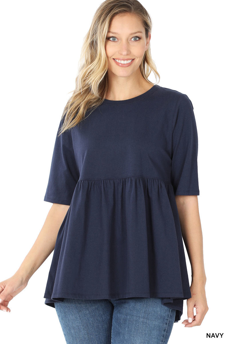 Women's Ash Mocha 3/4 Sleeve Peplum Tunic Top | Empire Waist Babydoll Knit