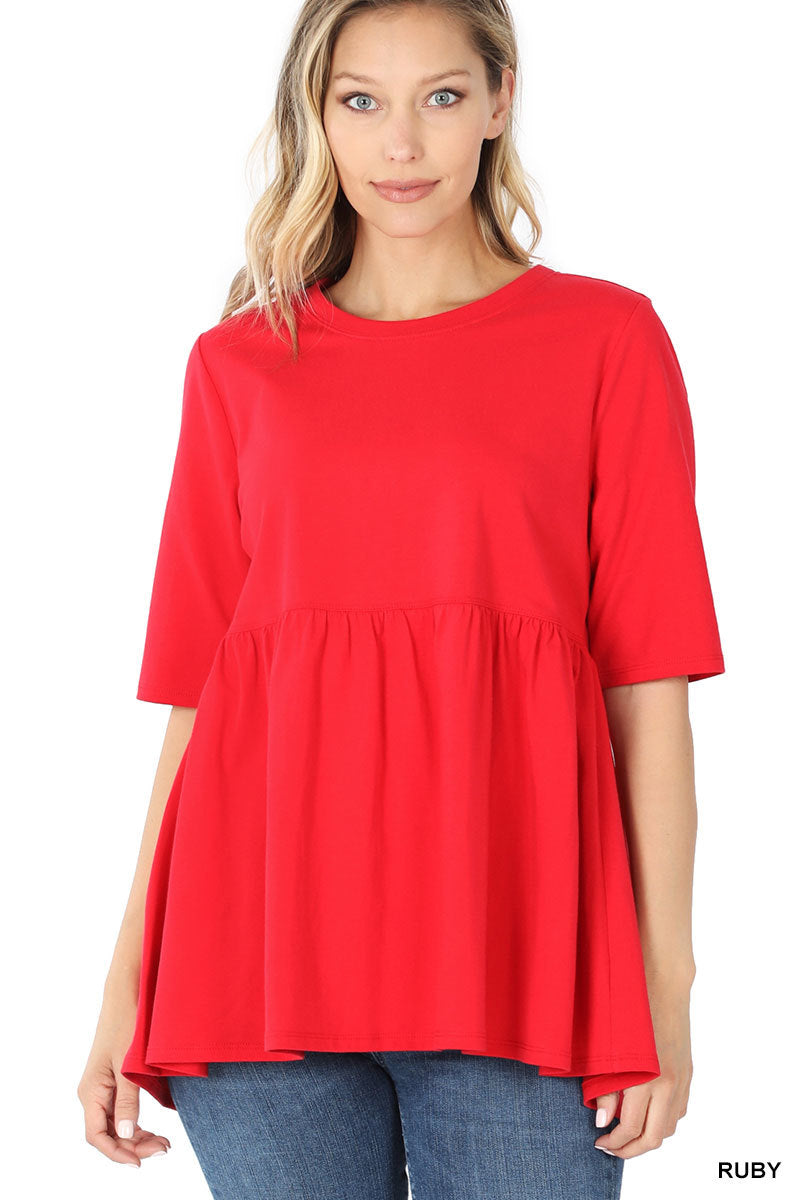 Women's Ash Mocha 3/4 Sleeve Peplum Tunic Top | Empire Waist Babydoll Knit