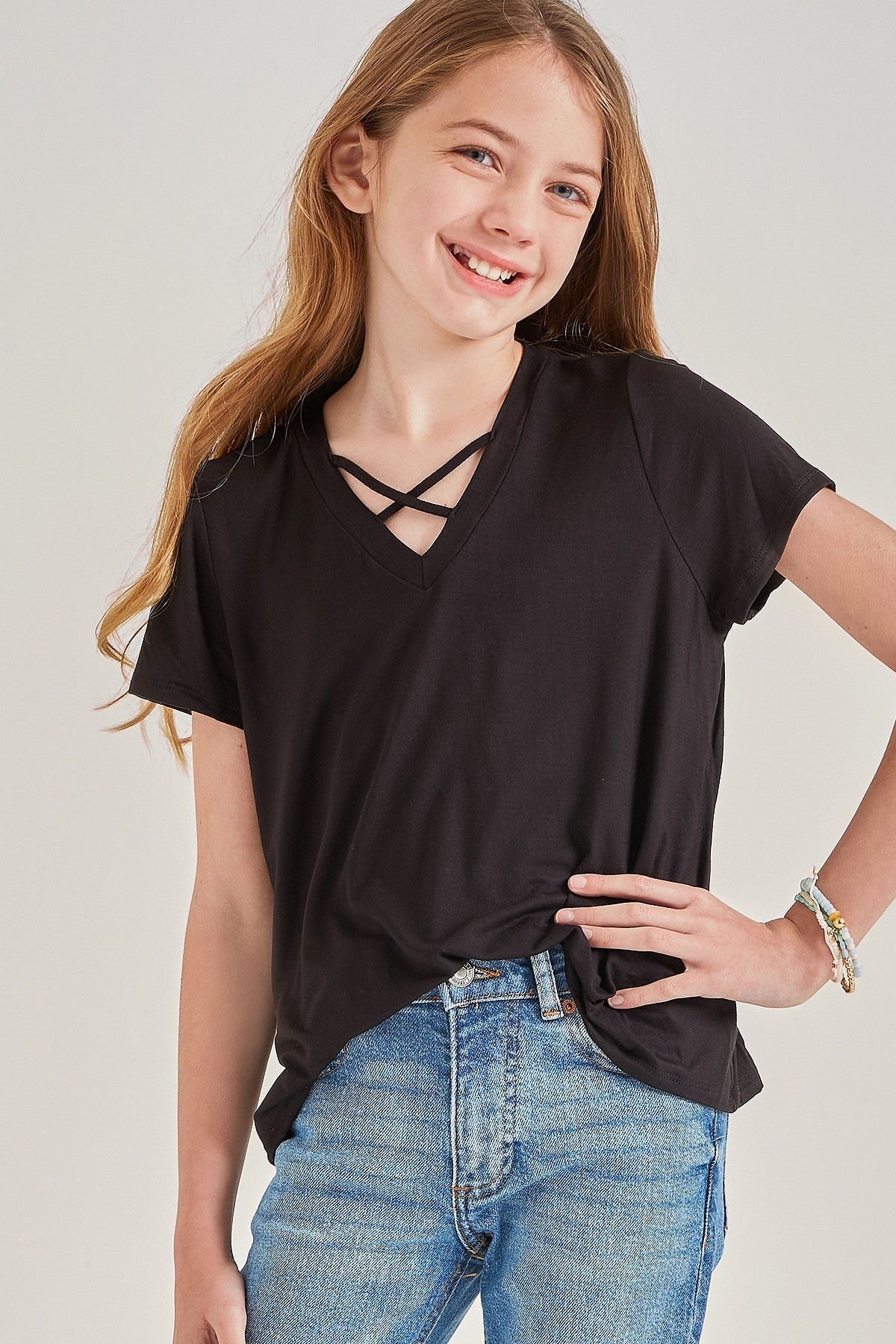 Girls' Trendy Criss Cross V-Neck Top - Summer Knit Tee
