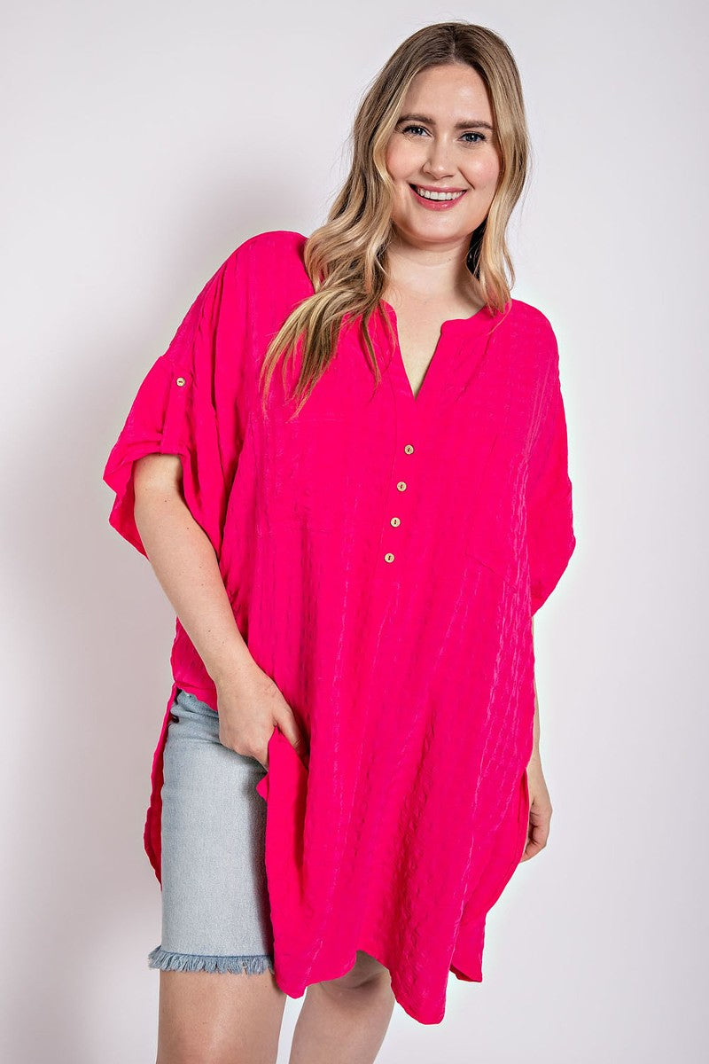 Plus Size Textured Woven Tunic Top - Side Slit & Roll-Up Sleeves
