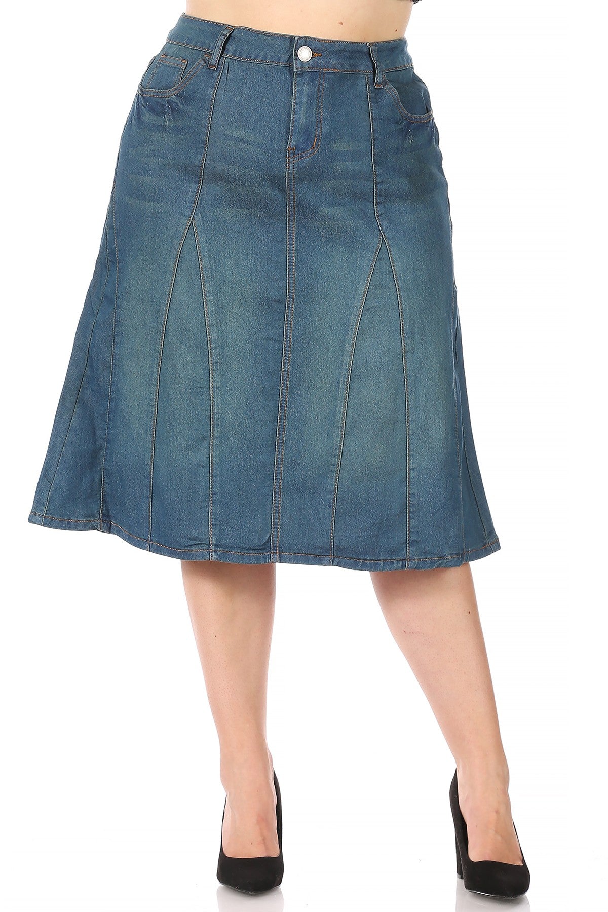 Plus Size Stretch Denim Midi Skirt | Curvy Fit A-Line Jean Skirt