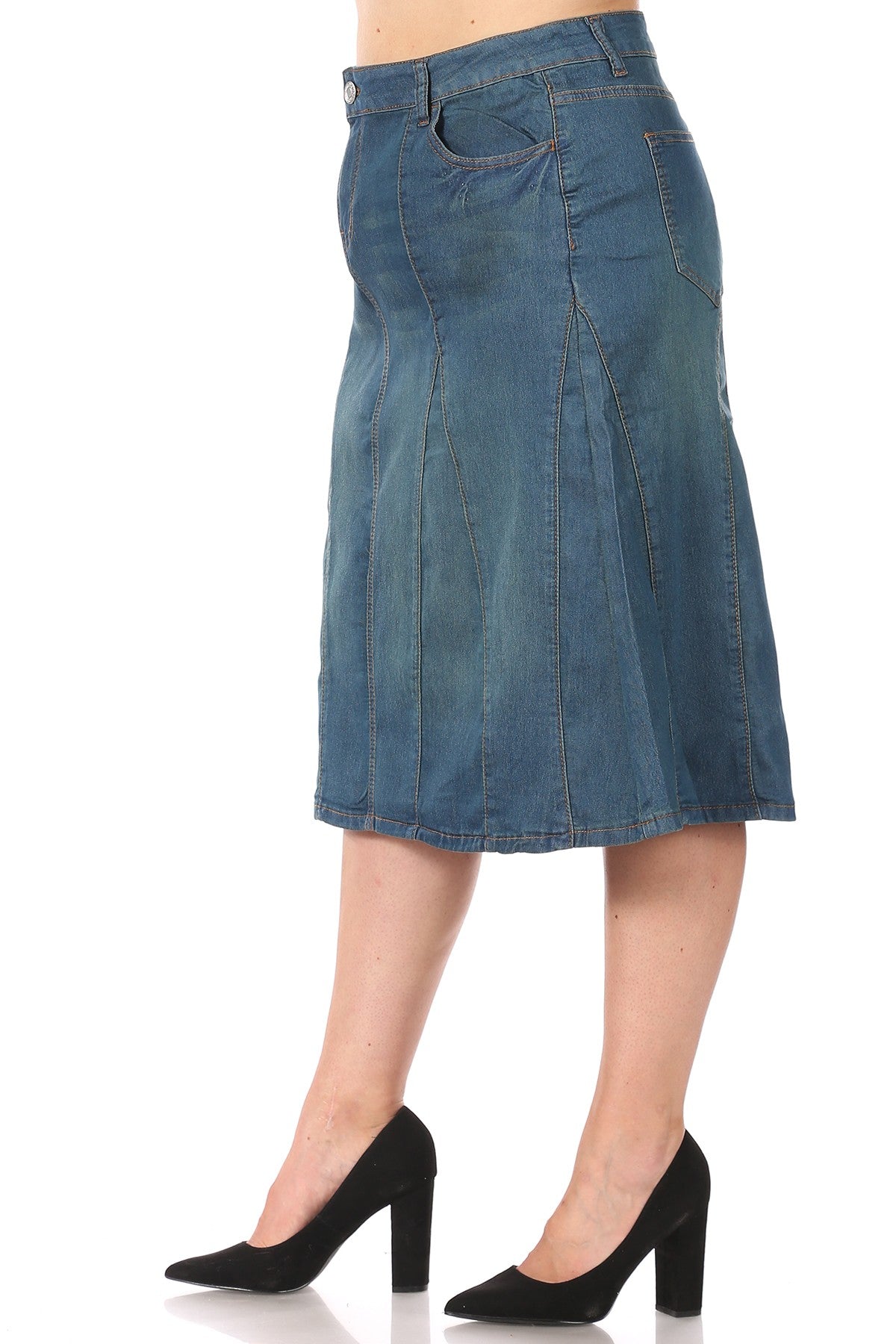 Plus Size Stretch Denim Midi Skirt | Curvy Fit A-Line Jean Skirt