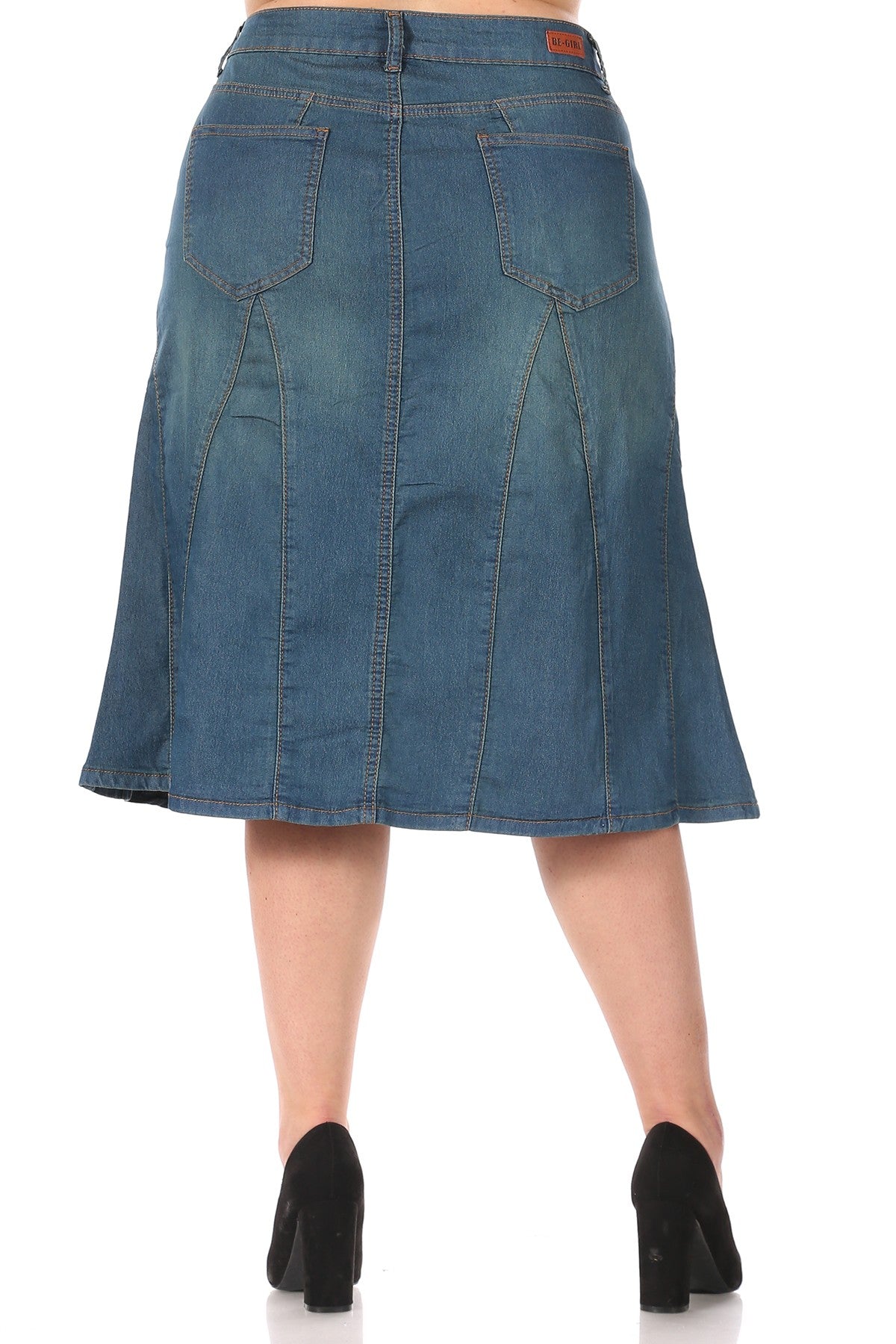 Plus Size Stretch Denim Midi Skirt | Curvy Fit A-Line Jean Skirt