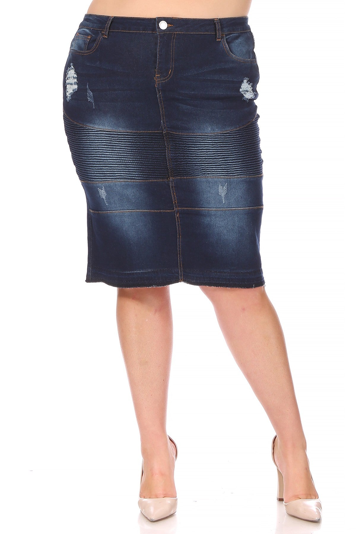 Moto Distressed Denim Skirt - Plus