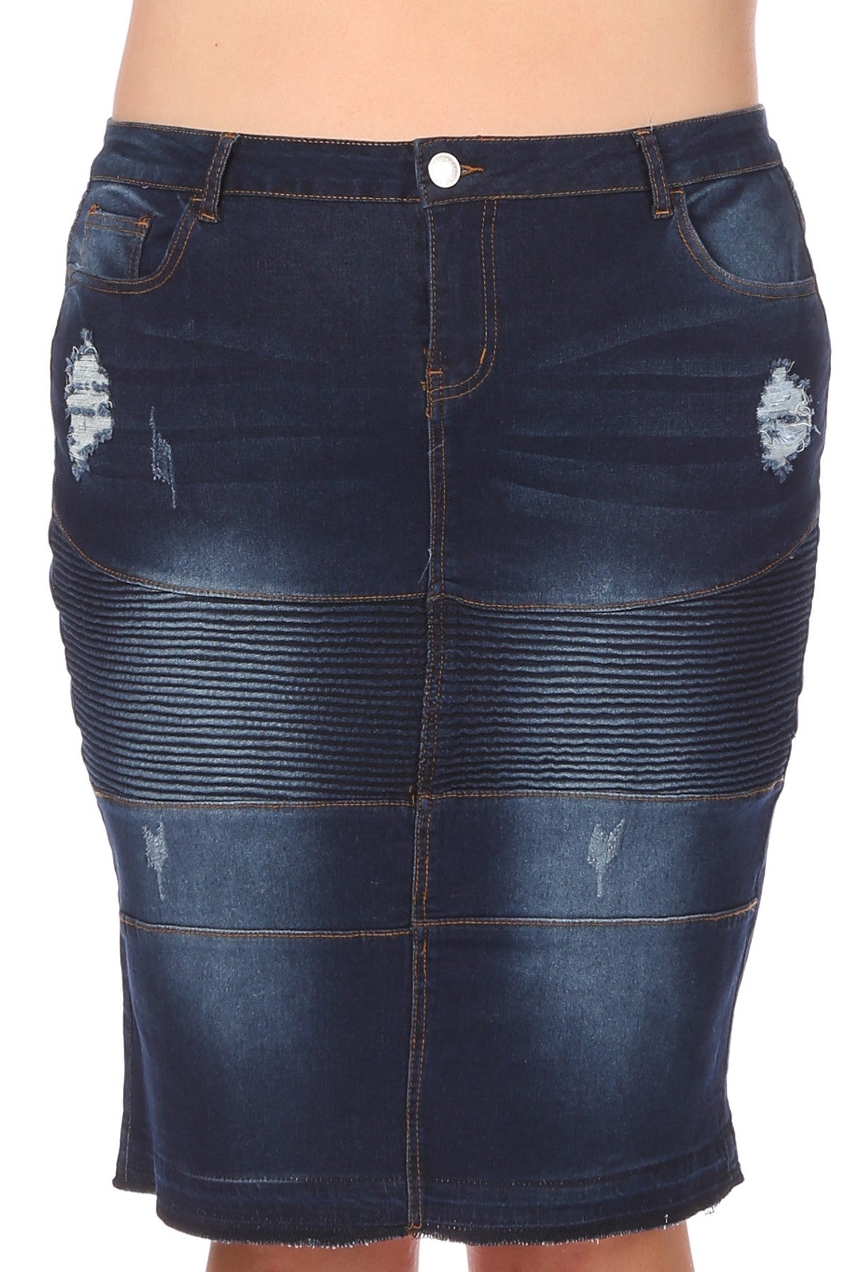 Moto Distressed Denim Skirt - Plus