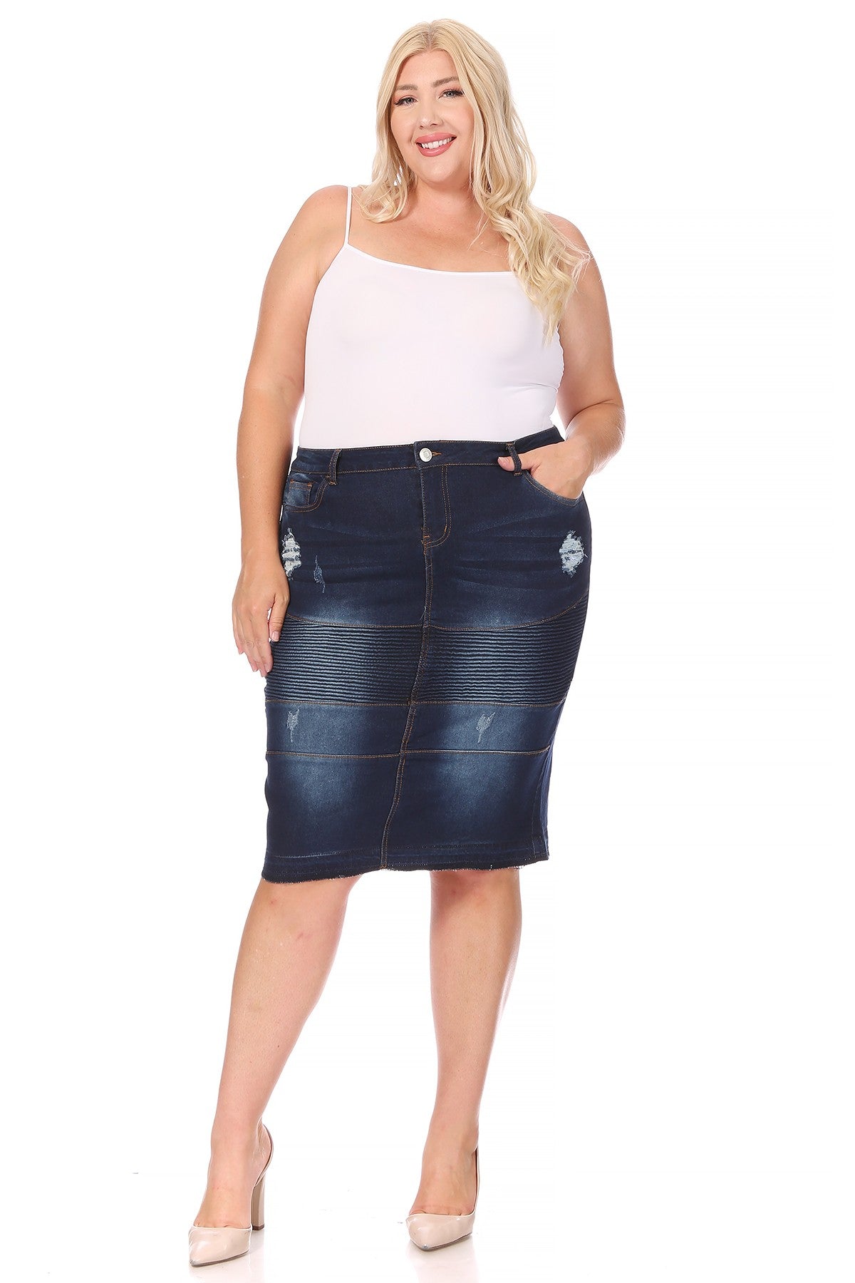 Moto Distressed Denim Skirt - Plus