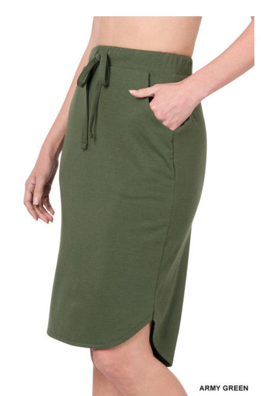 Casual Olive Green Midi Skirt - Elastic Drawstring Waist & Pockets