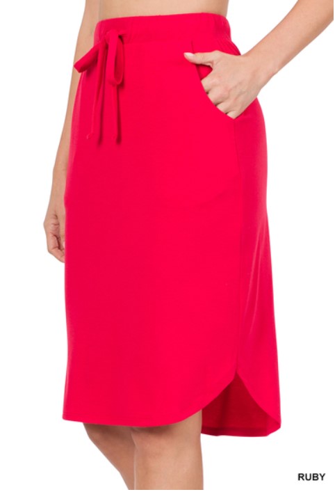 Casual Olive Green Midi Skirt - Elastic Drawstring Waist & Pockets