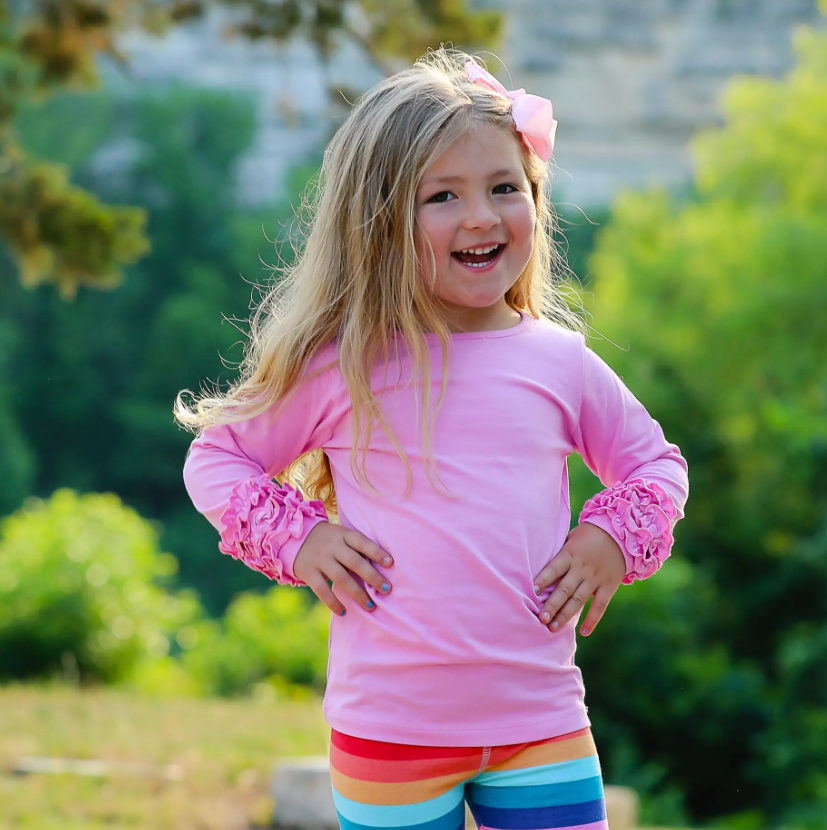 Girls Pink Ruffle Layering T-Shirt - Soft Cotton Spandex Tee for Kids