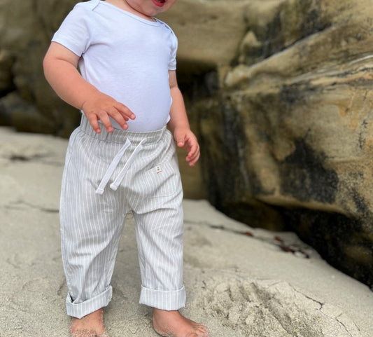 Boys' Cotton Drawstring Beach Pants - Grey & White Stripe Summer Wear