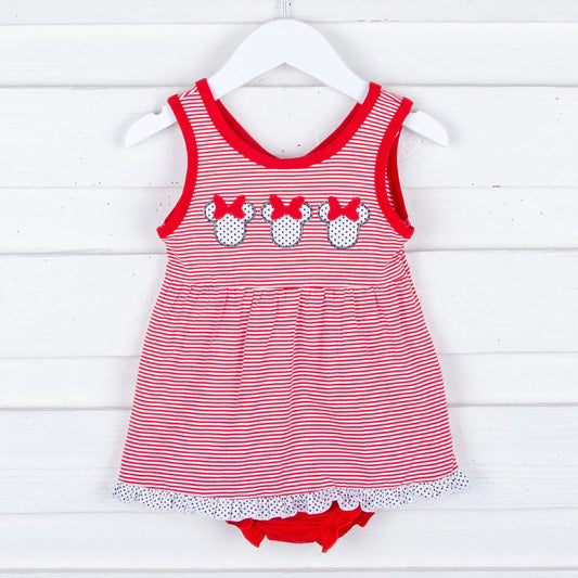 Infant Girls Minnie Mouse Dress & Bloomer Set - Red Stripe Summer Outfit
