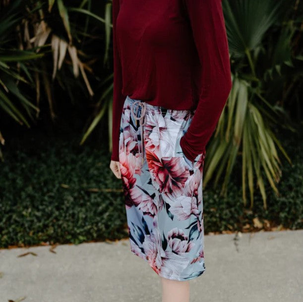 Floral Satin Midi Skort with Pockets & Built-in Modesty Shorts