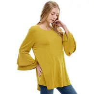 Elegant Double Layer Bell Sleeve Tunic Top - Flowy Rayon Spandex Knit