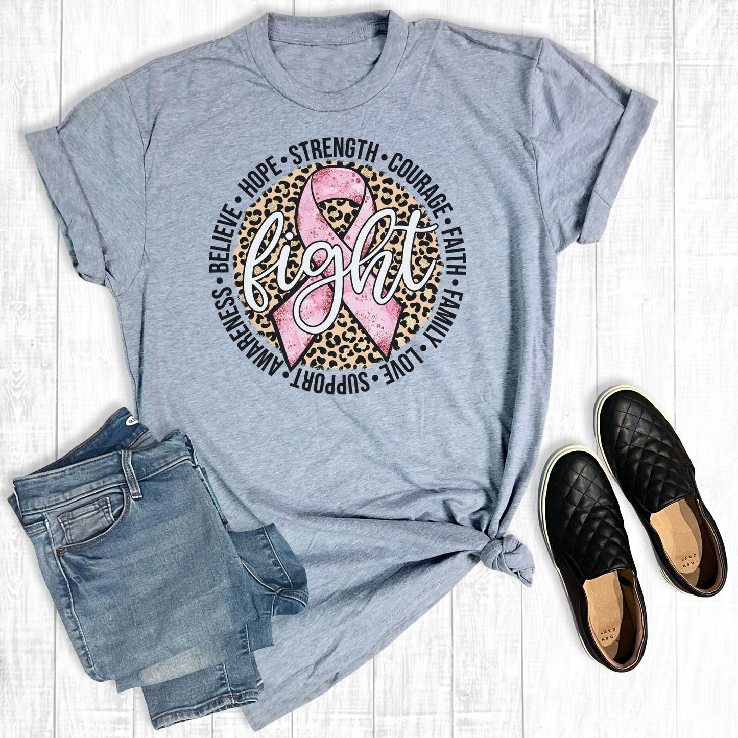 Pink Ribbon Leopard Print Breast Cancer Awareness T-Shirt | Fight Support Tee