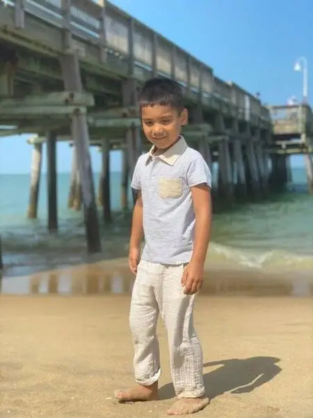 Boys' Cotton Drawstring Beach Pants - Grey & White Stripe Summer Wear