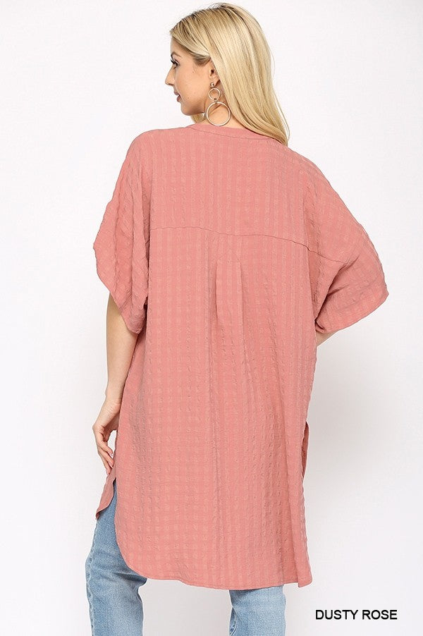 Plus Size Textured Woven Tunic Top - Side Slit & Roll-Up Sleeves