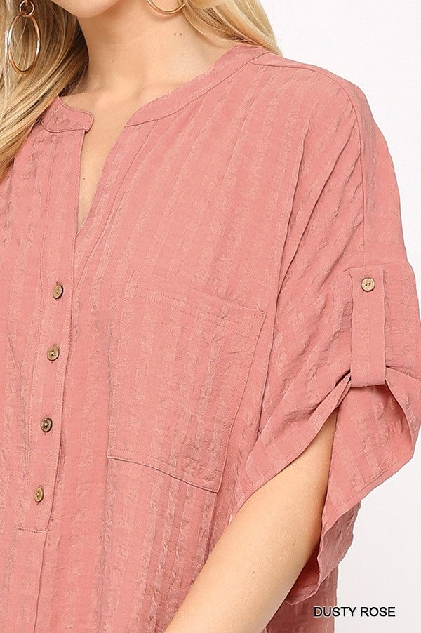 Plus Size Textured Woven Tunic Top - Side Slit & Roll-Up Sleeves