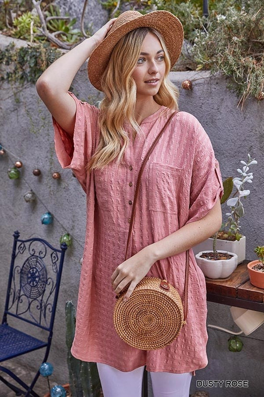 Plus Size Textured Woven Tunic Top - Side Slit & Roll-Up Sleeves